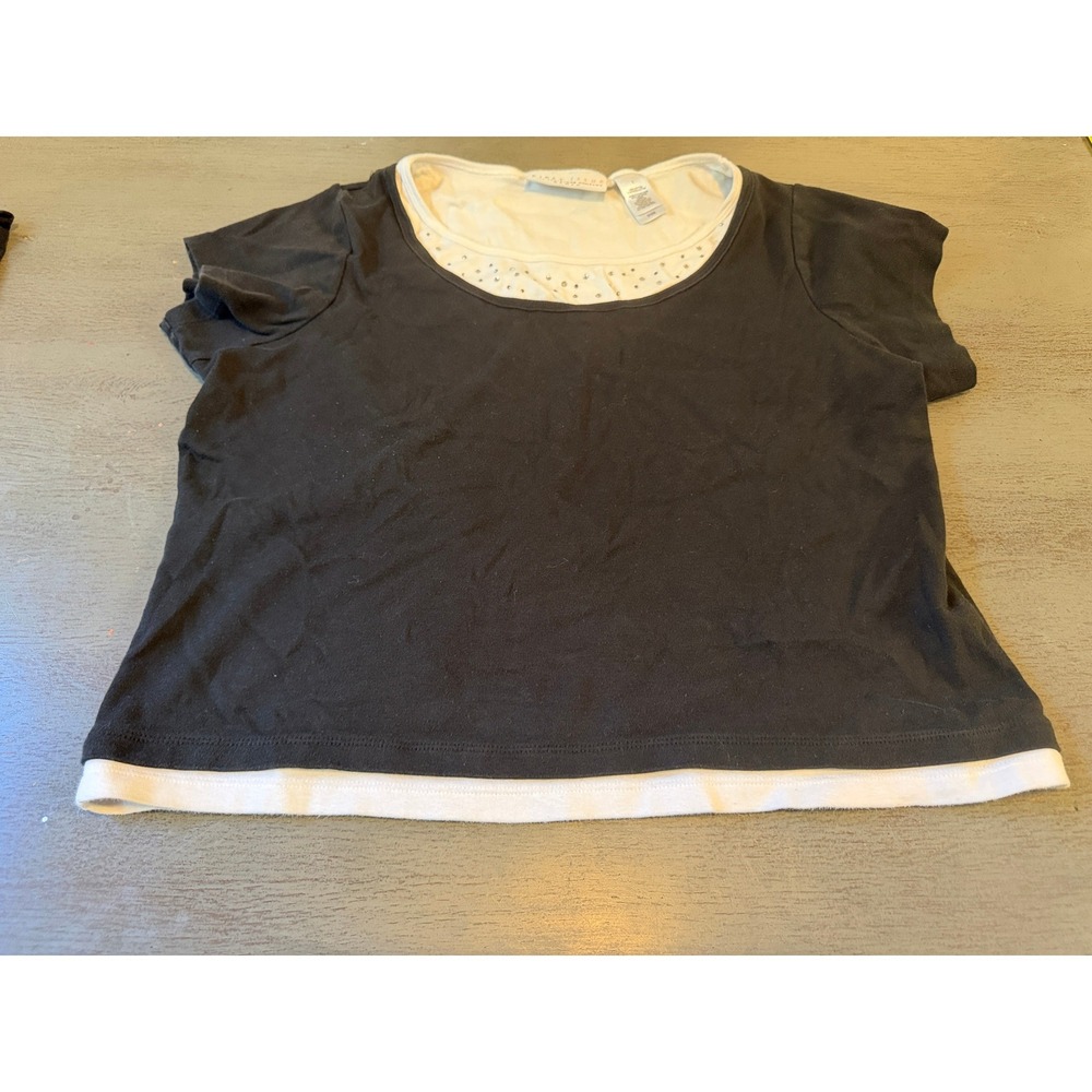 First Issue Liz Claiborne Woman Black White Layered Rhinestone Cotton Top Size 1